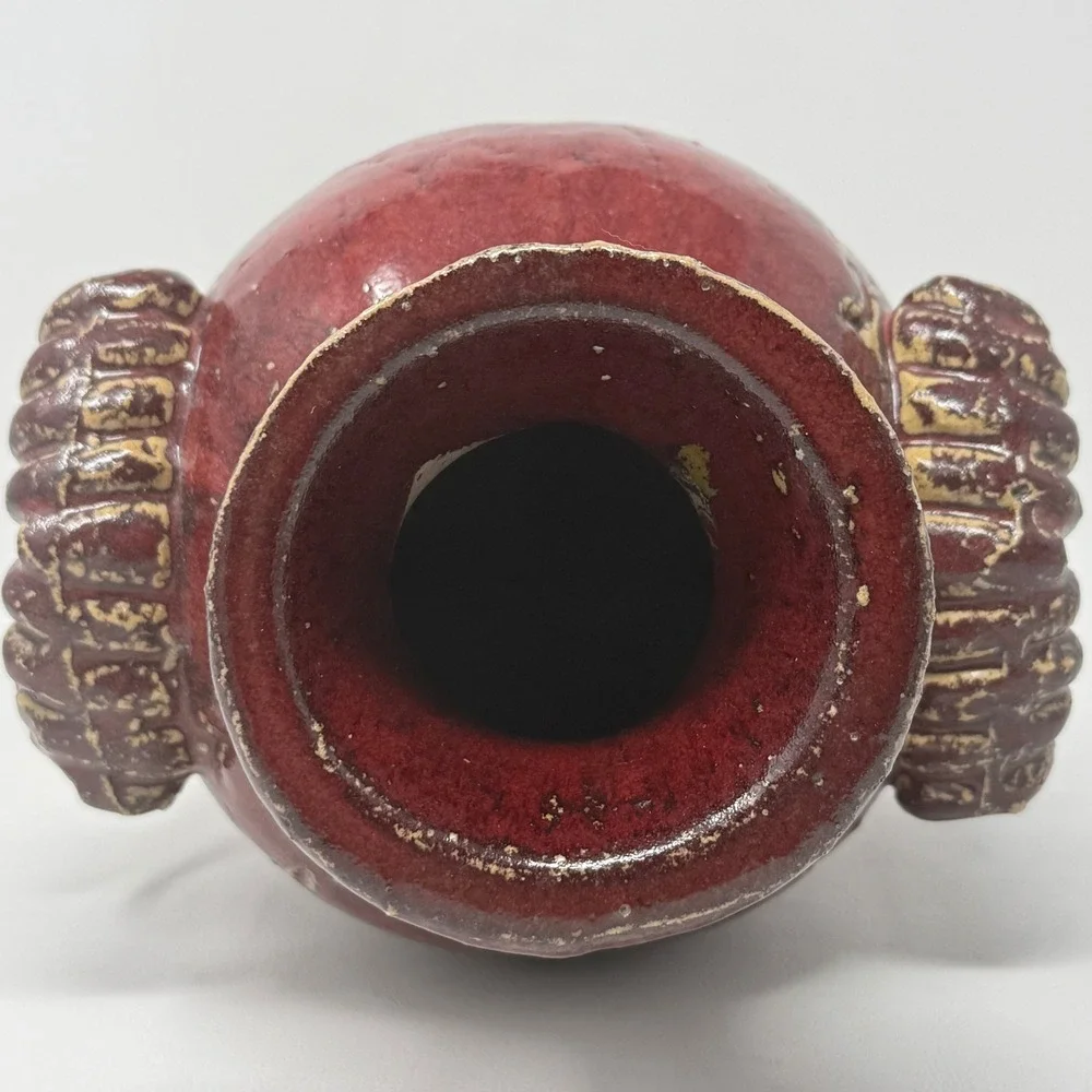 Rustic Red Lion Head Vase Glazed Metal Ring Handles 15.5